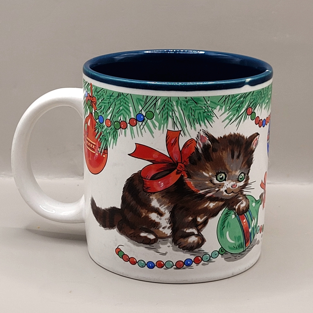 Vintage 1987 Potpourri Press Kitten Cat Christmas Tree Mug Coffee Tea Cup Korea